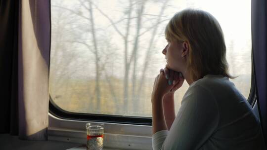 女人坐在火车车窗旁望向车外