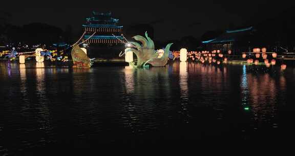 苏州盘门三景春节元宵节水上花灯夜景灯光秀