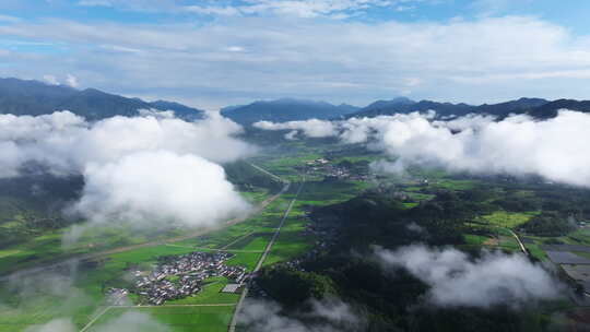 云雾下的绿色田野山川视频素材模板下载