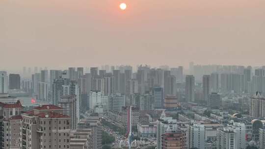 傍晚夕阳天津滨海新区城市街道环境航拍