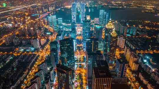 苏州金鸡湖东方之门城市夜景延时航拍