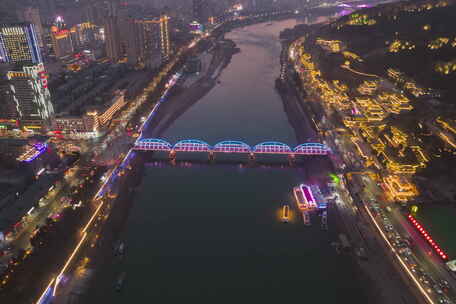 航拍兰州中山桥黄河夜景延时