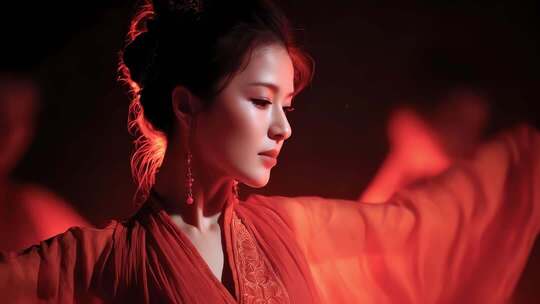 唐朝女子红衣舞动古典唯美瞬间