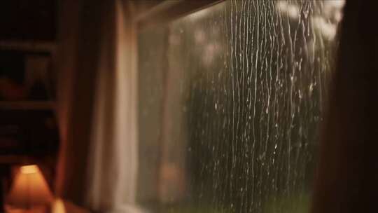 室内视角看窗外雨水滑落的景象