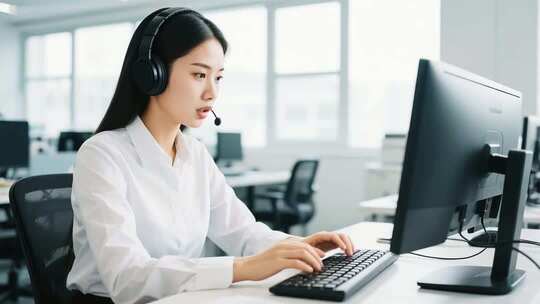 女性办公室戴耳机使用电脑
