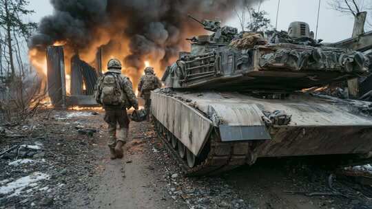 士兵伴随坦克于火场行进