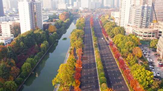 秋天的城市道路交通风景航拍