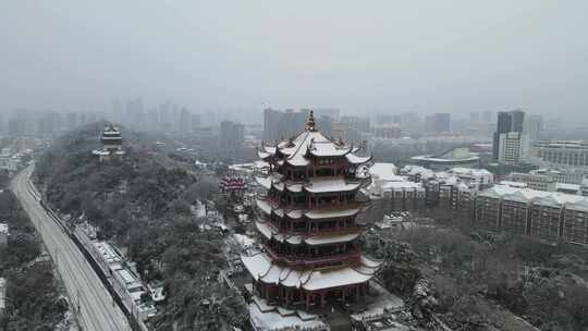 武汉武昌区黄鹤楼雪景航拍