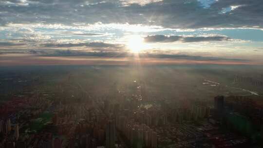 天津航拍城市空境夕阳日出