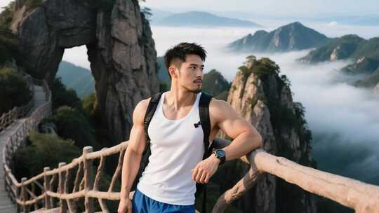 男子于山间栈道眺望远方