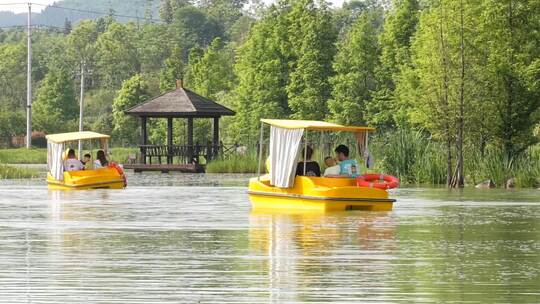 未露正面的游客在公园景区春游休闲划船