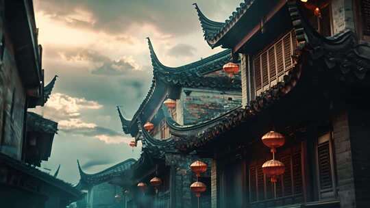 古风古镇古建筑与灯笼景象