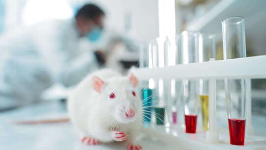 有趣小白鼠在实验室桌子上