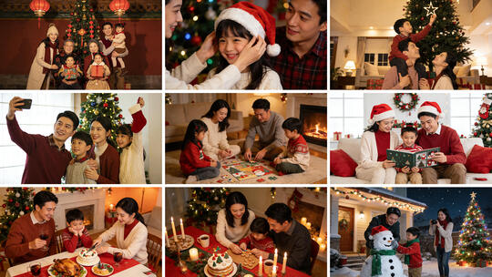 温馨家庭圣诞欢乐时光 圣诞树下的幸福瞬间