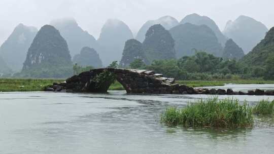 水边石拱桥旁的水牛和戴帽农民