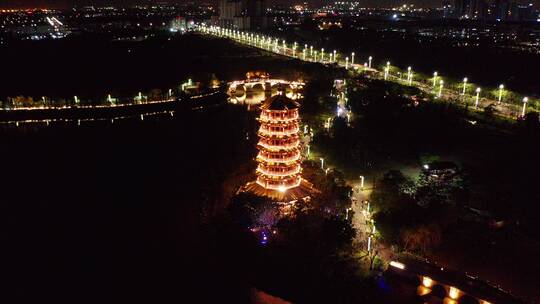 东莞航拍华阳湖湿地公园华阳塔夜景右环绕