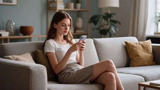 女子沙发上使用手机