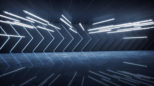 黑暗室内空间与霓虹灯管3D渲染视频素材模板下载