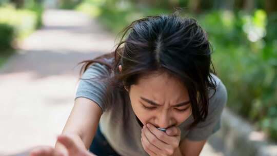 户外女子使用吸入器缓解不适