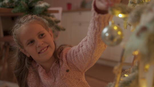 小女孩在家用球装饰圣诞树
