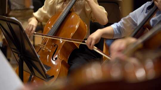 排练厅排练交响乐团演奏小提琴大提琴