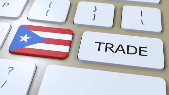 按钮3D动画上的波多黎各国旗和贸易文本