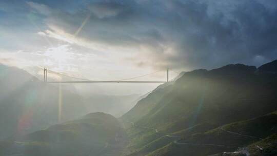 花江峡谷大桥清晨逆光航拍延时