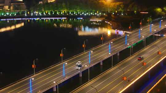 航拍扬州西区明月湖商圈夜景车流灯光素材