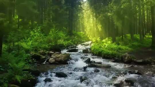 4k原始森林植物溪水流水风景树林山水自然
