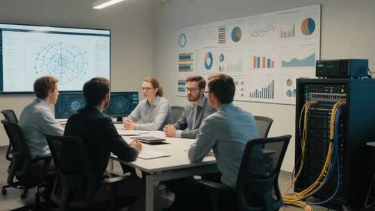 团队于办公室进行数据分析会议