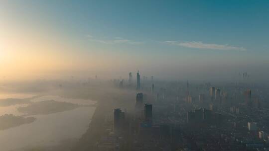 航拍日出平流雾下的南京城市风光