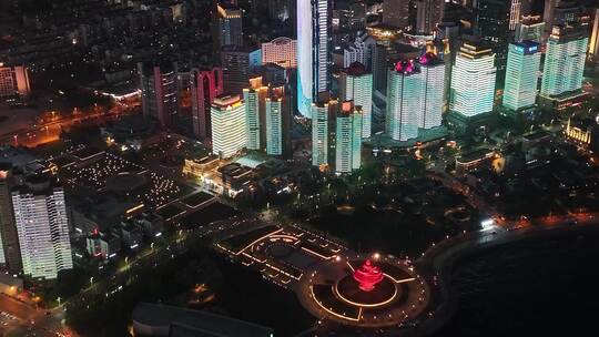 山东青岛市五四广场海滨风景区夜景航拍市南