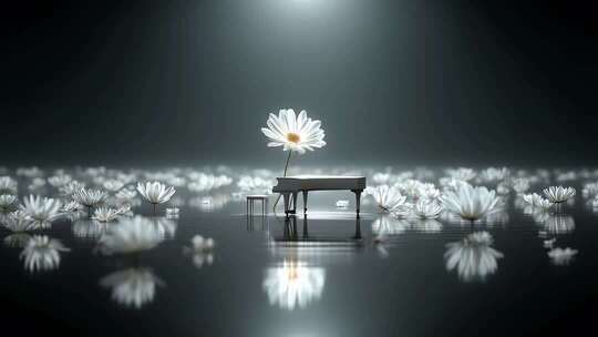 水面钢琴与雏菊的梦幻场景