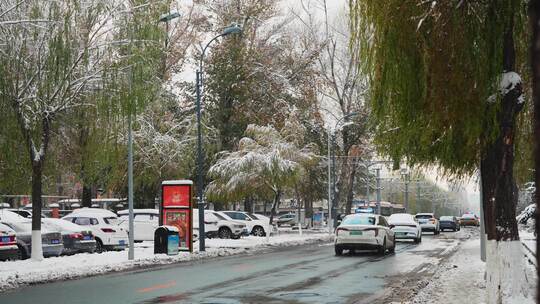 城市下雪道路车流街道雪景