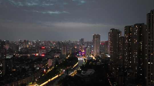 四川成都晚霞夜幕降临蓝调时刻夜景航拍