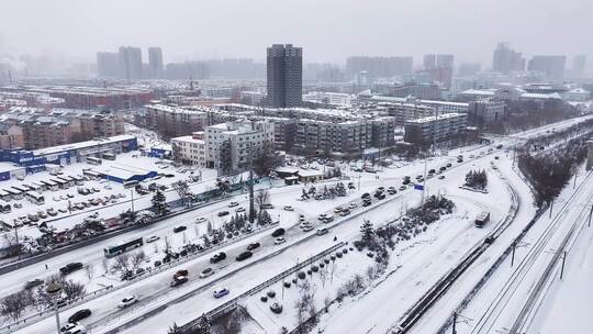 中国东北辽宁沈阳冬季雪后城市航拍