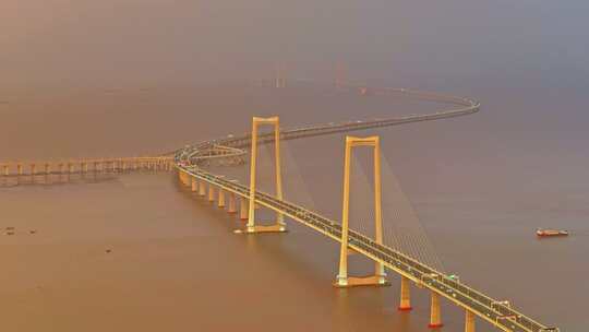 深圳中山翠亨新区深中大桥车流夜景日落航拍