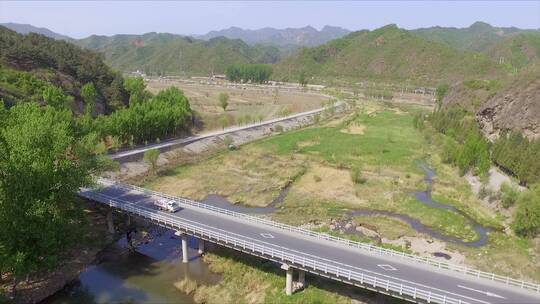 航拍春天北京怀柔山区景色