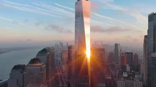 航拍纽约世界贸易中心一号自由塔摩天大楼