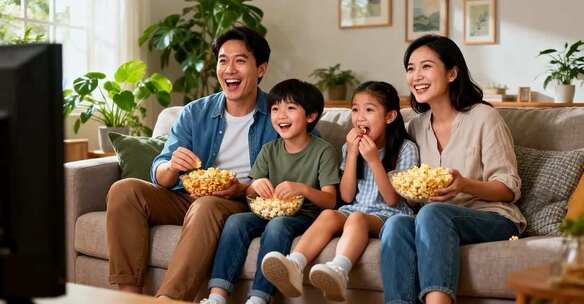 一家人沙发上看电视吃爆米花