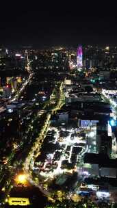 竖版航拍山东济南城市夜景老城区夜景