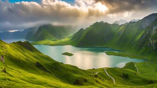 山间湖泊自然风光全景