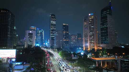 印尼雅加达城市密集的高楼群夜景航拍风光