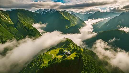 山峦云海间的小屋全景