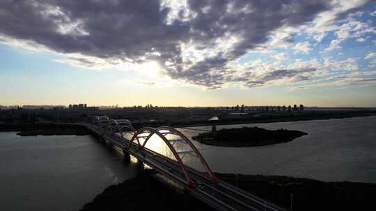 天津滨海生态城永定新河彩虹大桥城市风光