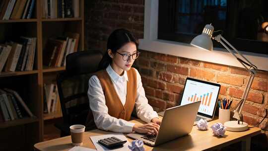 亚洲女士夜晚加班思考职场人物工作场景