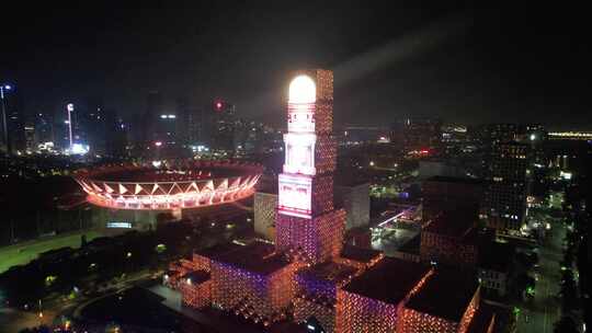 广东佛山城市地标建筑夜景灯光航拍