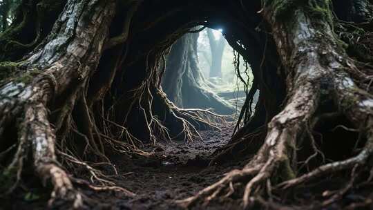 树根在地面土壤中展开延伸