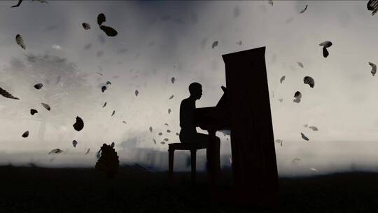 一个人在黑暗中弹钢琴的剪影