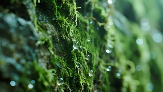 森林青苔水滴微距生态自然视频